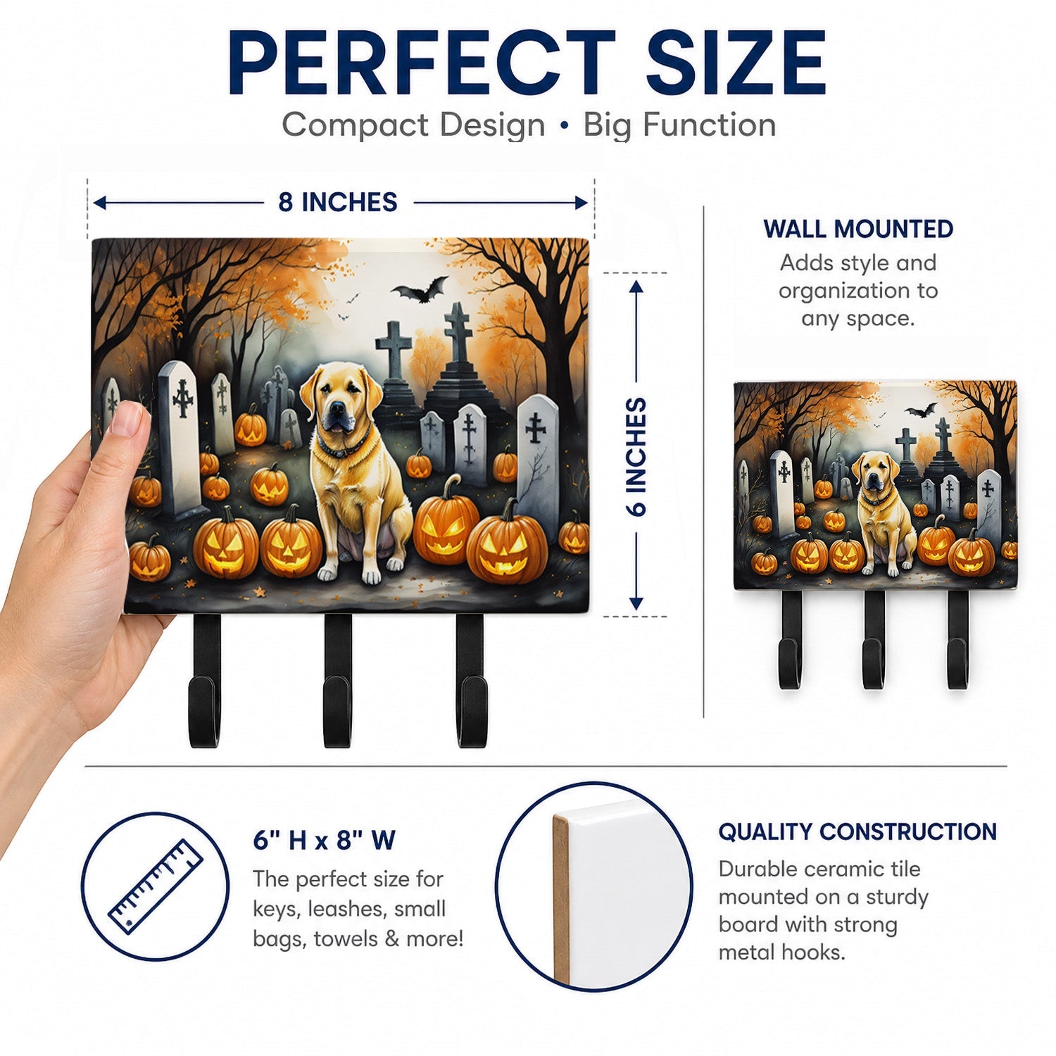 Yellow Labrador Retriever Spooky Halloween Leash or Key Holder Wall Hooks, Coat Rack Wall Mount, for Hanging Keys, Towels, Aprons, Leashes