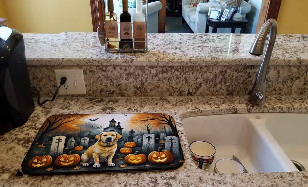 Yellow Labrador Retriever Spooky Halloween Dish Drying Mat Absorbent Dish Drying Mat Pad for Kitchen Counter Dish Drainer Mat for Countertop, 14 x 21", Multicolor