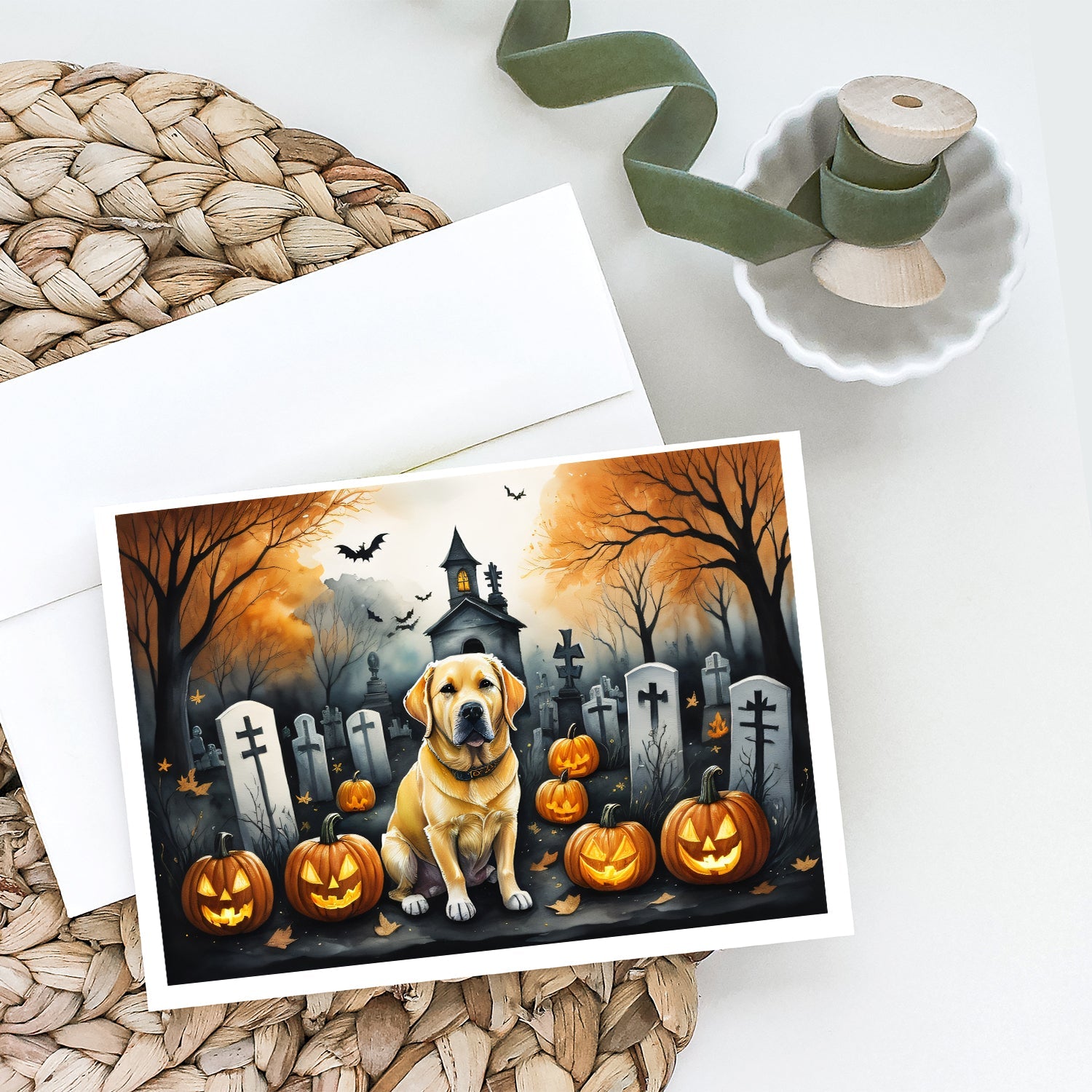 Yellow Labrador Retriever Spooky Halloween Greeting Cards Pack of 8 Blank Cards with Envelopes Whimsical A7 Size 5x7