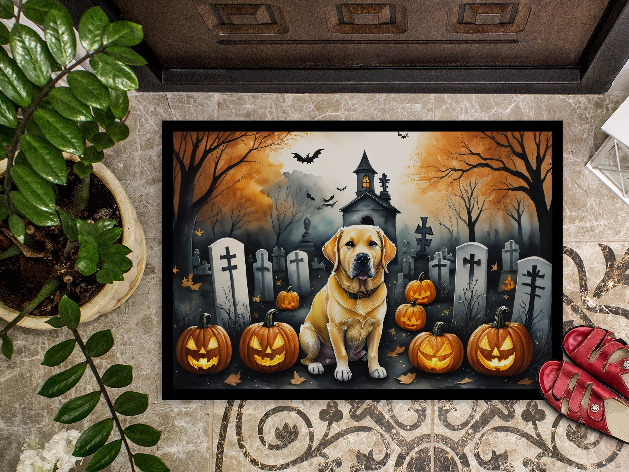 Yellow Labrador Retriever Spooky Halloween Doormat Indoor Outdoor 24H X 36W Front Door Mat Rugs for Entryway, Non Slip Washable Low Pile,