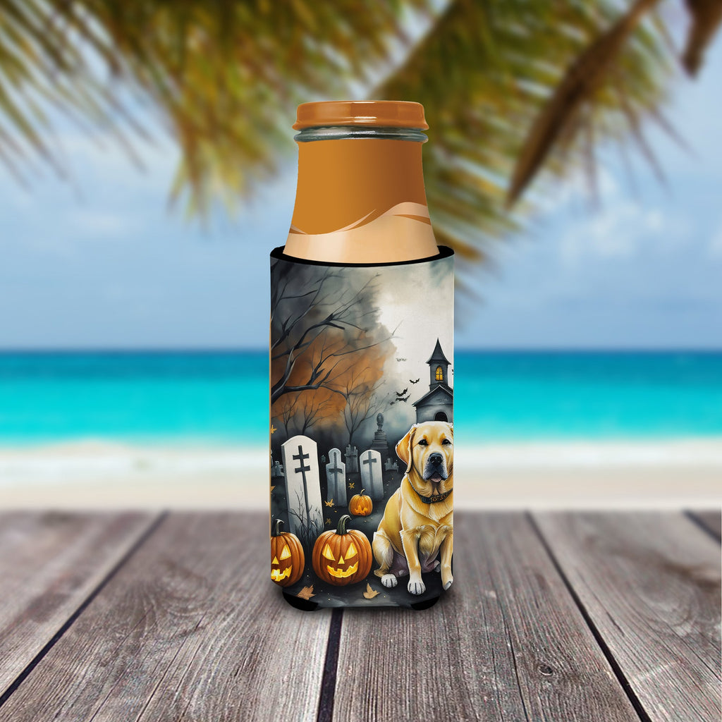 Yellow Labrador Retriever Spooky Halloween Slim Can Hugger , Insulated Foam Hugger for 12 oz Slim Cans, Beer Bottles & Water Bottles, Printed in USA