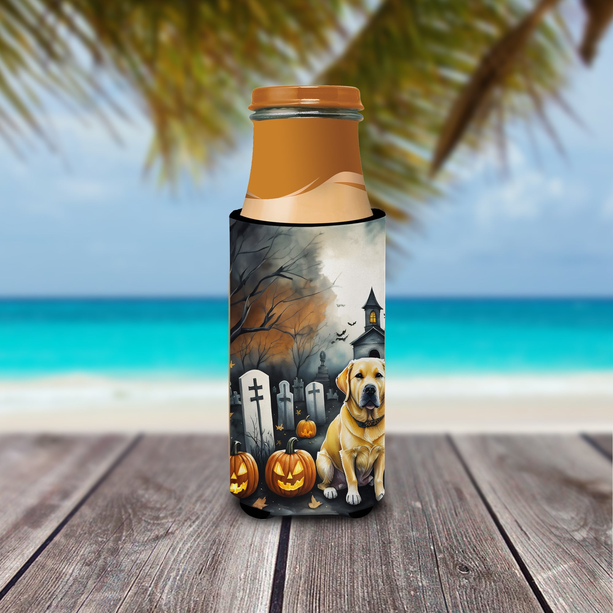 Yellow Labrador Retriever Spooky Halloween Slim Can Hugger , Insulated Foam Hugger for 12 oz Slim Cans, Beer Bottles & Water Bottles, Printed in USA