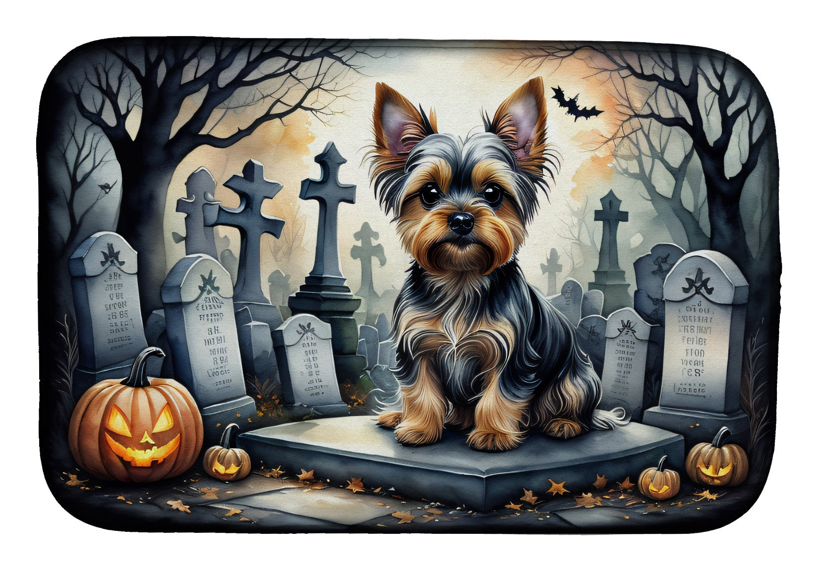 Yorkshire Terrier Spooky Halloween Dish Drying Mat Absorbent Dish Drying Mat Pad for Kitchen Counter Dish Drainer Mat for Countertop, 14 x 21", Multicolor