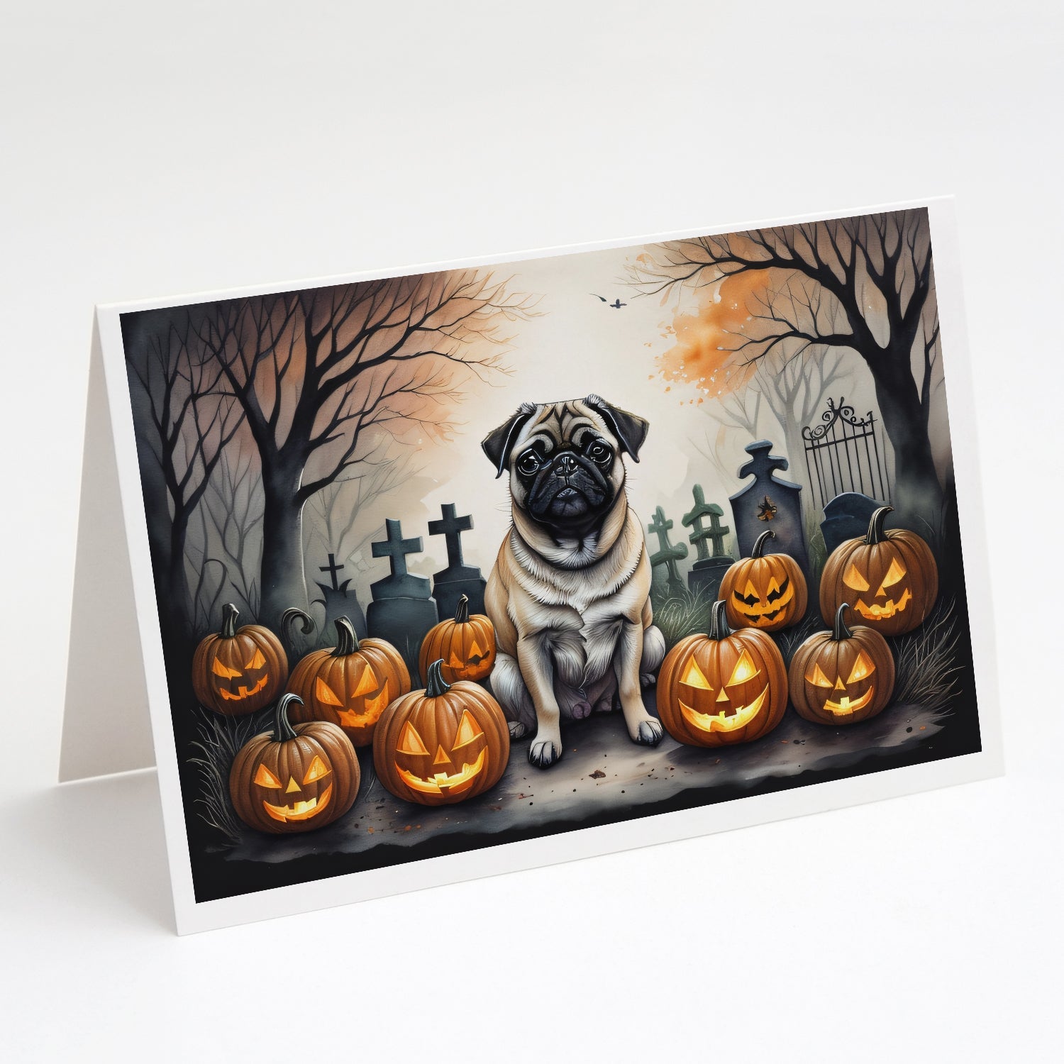 Fawn Pug Spooky Halloween Greeting Cards Pack of 8 Blank Cards with Envelopes Whimsical A7 Size 5x7
