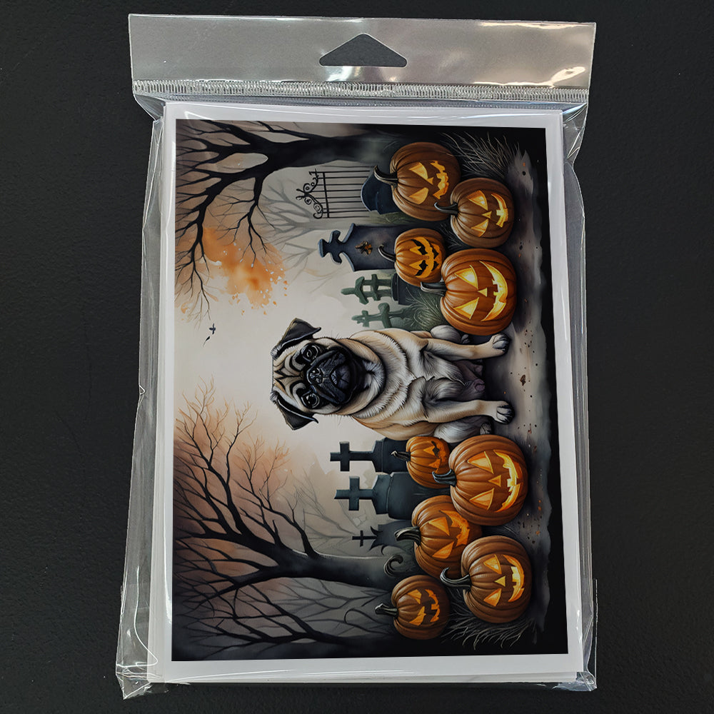 Fawn Pug Spooky Halloween Greeting Cards Pack of 8 Blank Cards with Envelopes Whimsical A7 Size 5x7