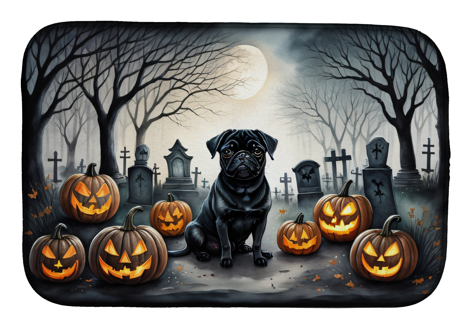 Black Pug Spooky Halloween Dish Drying Mat Absorbent Dish Drying Mat Pad for Kitchen Counter Dish Drainer Mat for Countertop, 14 x 21", Multicolor