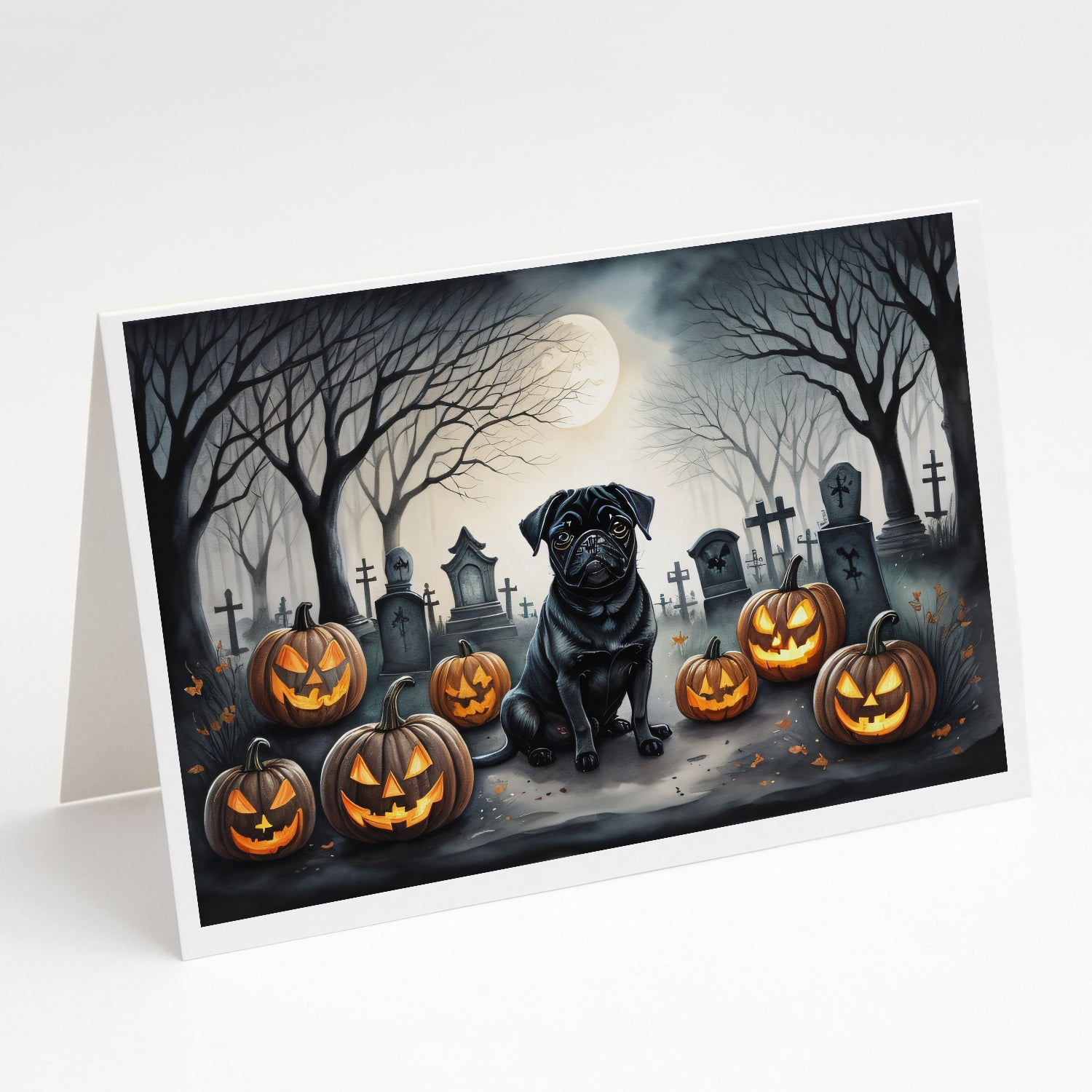 Black Pug Spooky Halloween Greeting Cards Pack of 8 Blank Cards with Envelopes Whimsical A7 Size 5x7