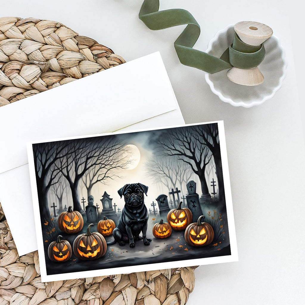 Black Pug Spooky Halloween Greeting Cards Pack of 8 Blank Cards with Envelopes Whimsical A7 Size 5x7
