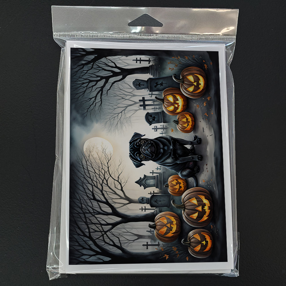 Black Pug Spooky Halloween Greeting Cards Pack of 8 Blank Cards with Envelopes Whimsical A7 Size 5x7