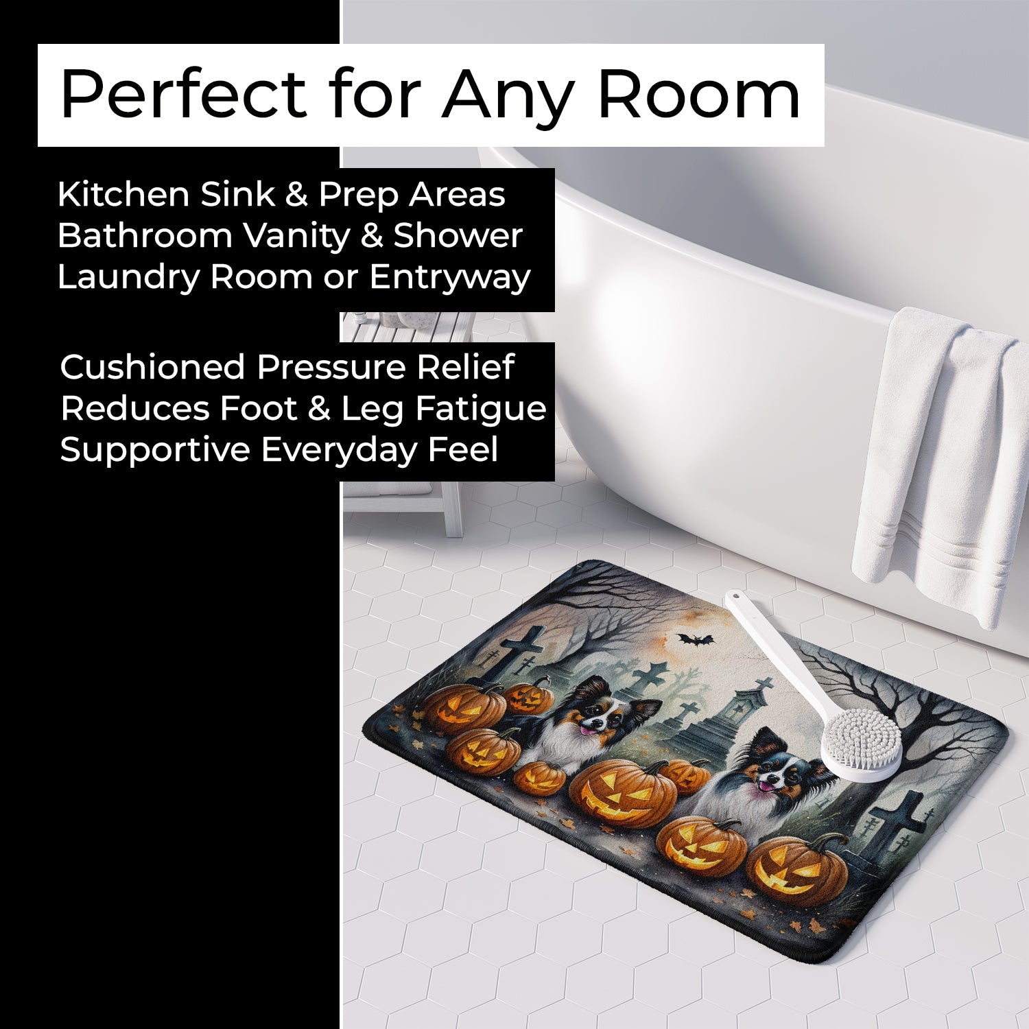 Papillon Spooky Halloween Memory Foam Kitchen Mat Machine Washable Anti-Fatigue Cushion Comfort Bath or Kitchen Rug