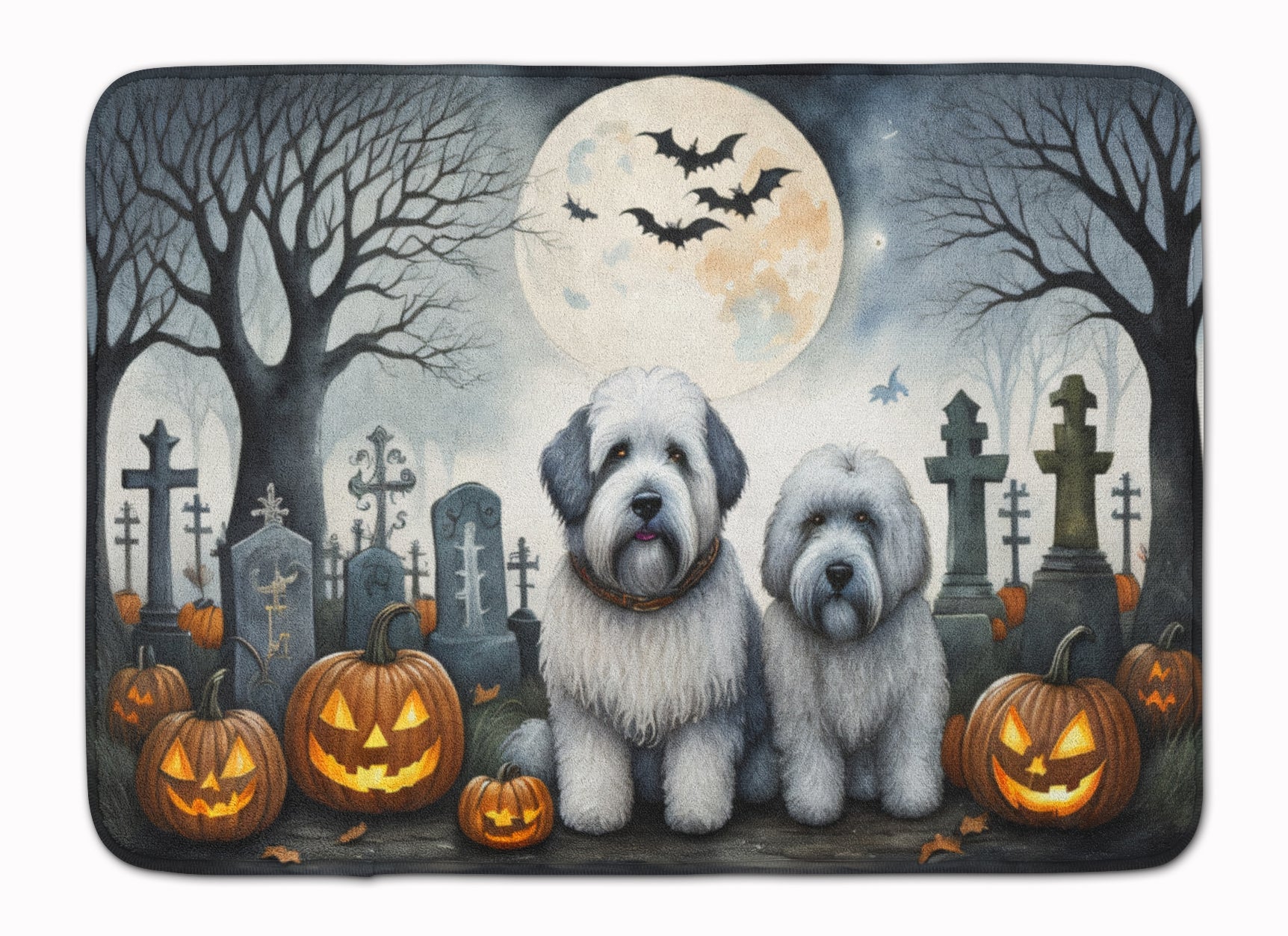 Old English Sheepdog Spooky Halloween Memory Foam Kitchen Mat Machine Washable Anti-Fatigue Cushion Comfort Bath or Kitchen Rug