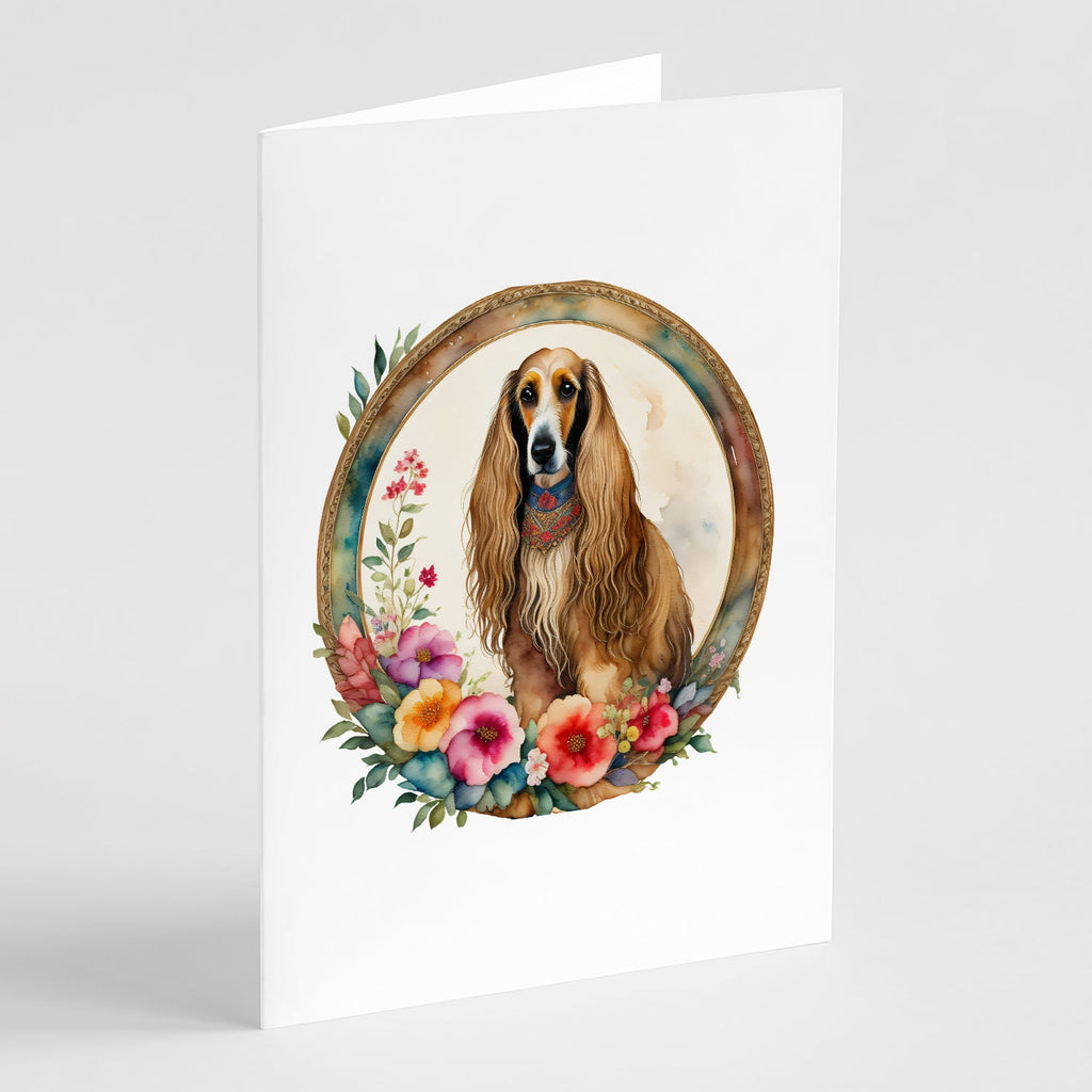 Afghan Hound and Flowers Greeting Cards Pack of 8 Blank Cards with Envelopes Whimsical A7 Size 5x7