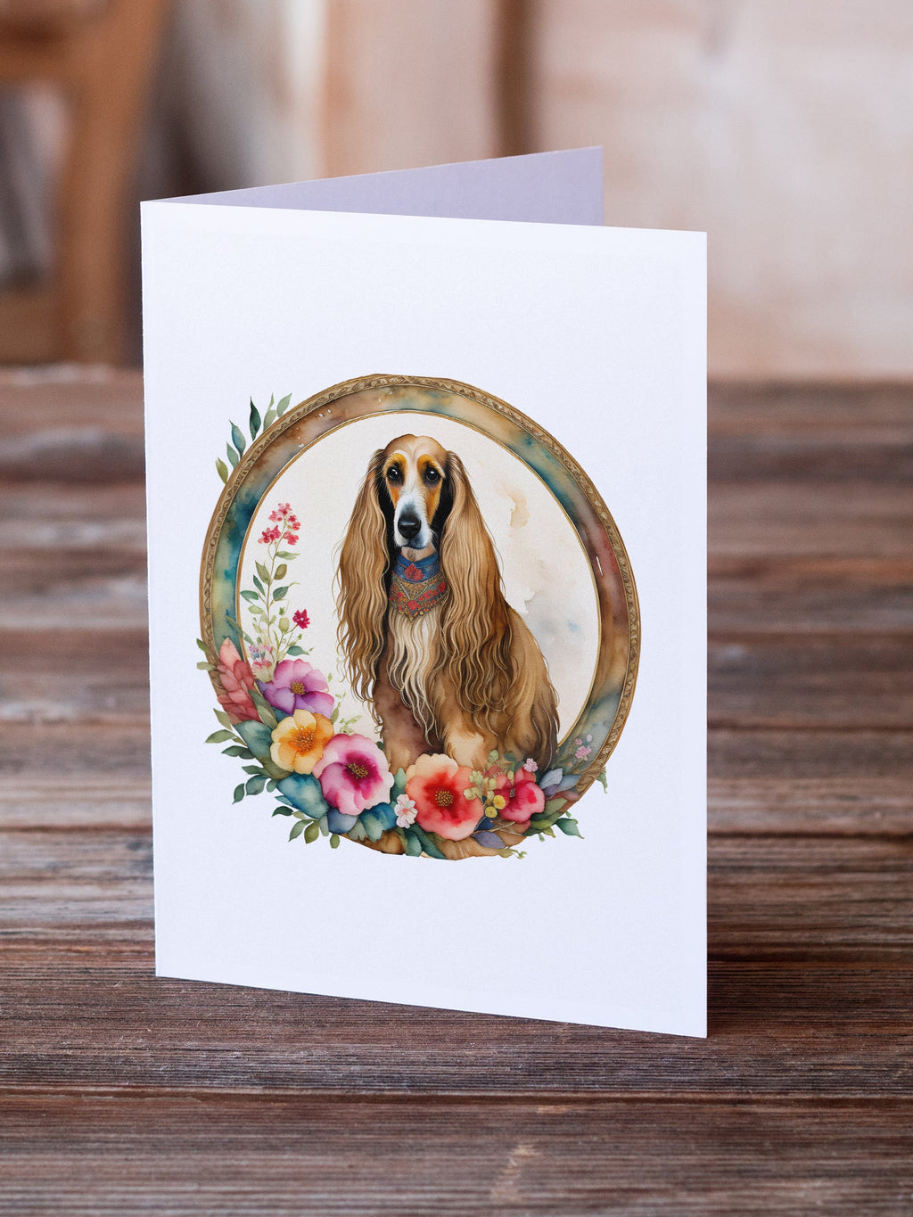 Afghan Hound and Flowers Greeting Cards Pack of 8 Blank Cards with Envelopes Whimsical A7 Size 5x7