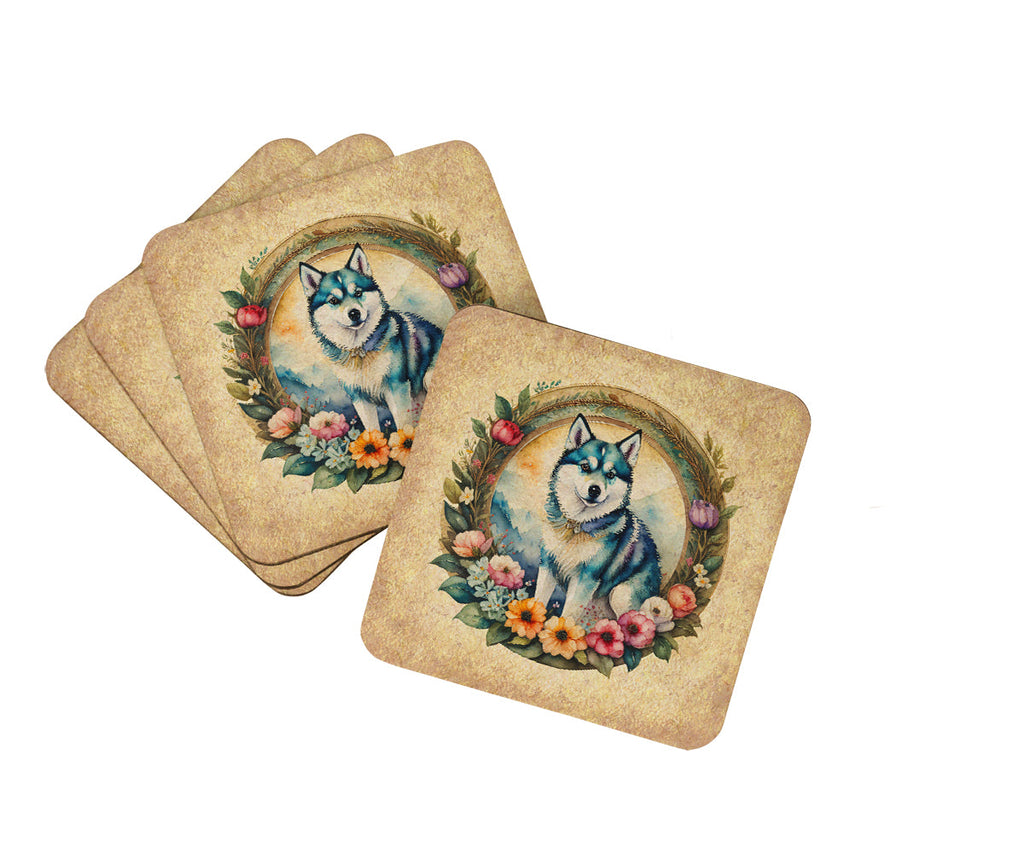 Alaskan Klee Kai and Flowers Foam Coasters Set of 4 Cup Coasters for Indoor Outdoor, Tabletop Protection, Anti Slip, Mouse pad Material