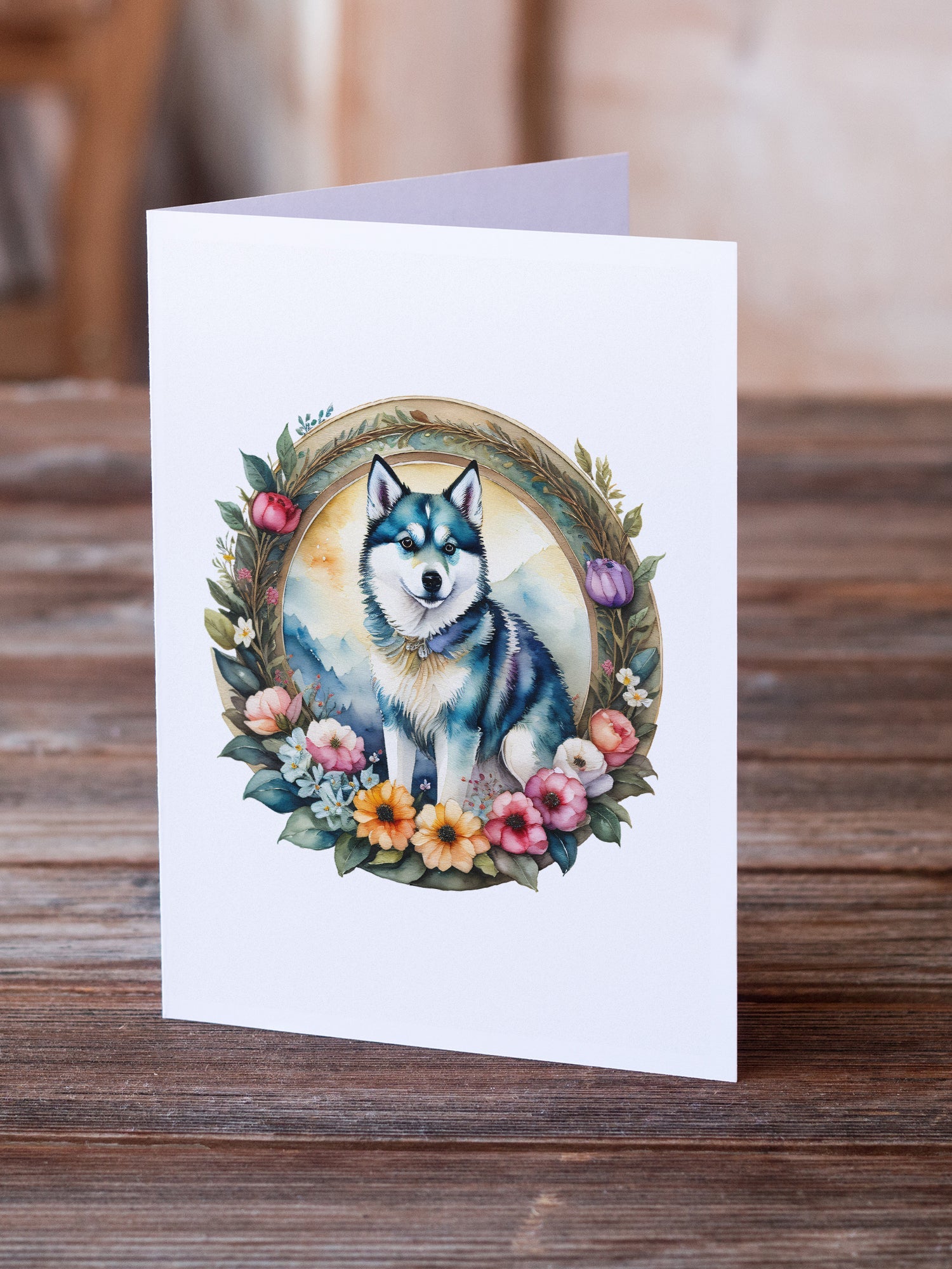 Alaskan Klee Kai and Flowers Greeting Cards Pack of 8 Blank Cards with Envelopes Whimsical A7 Size 5x7