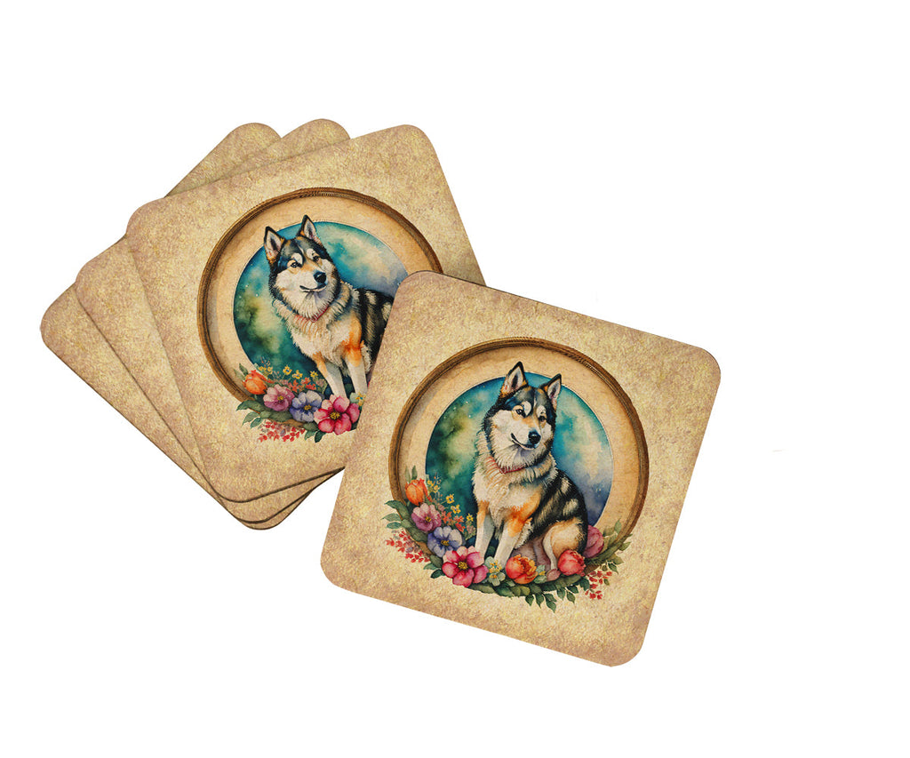 Alaskan Malamute and Flowers Foam Coasters Set of 4 Cup Coasters for Indoor Outdoor, Tabletop Protection, Anti Slip, Mouse pad Material