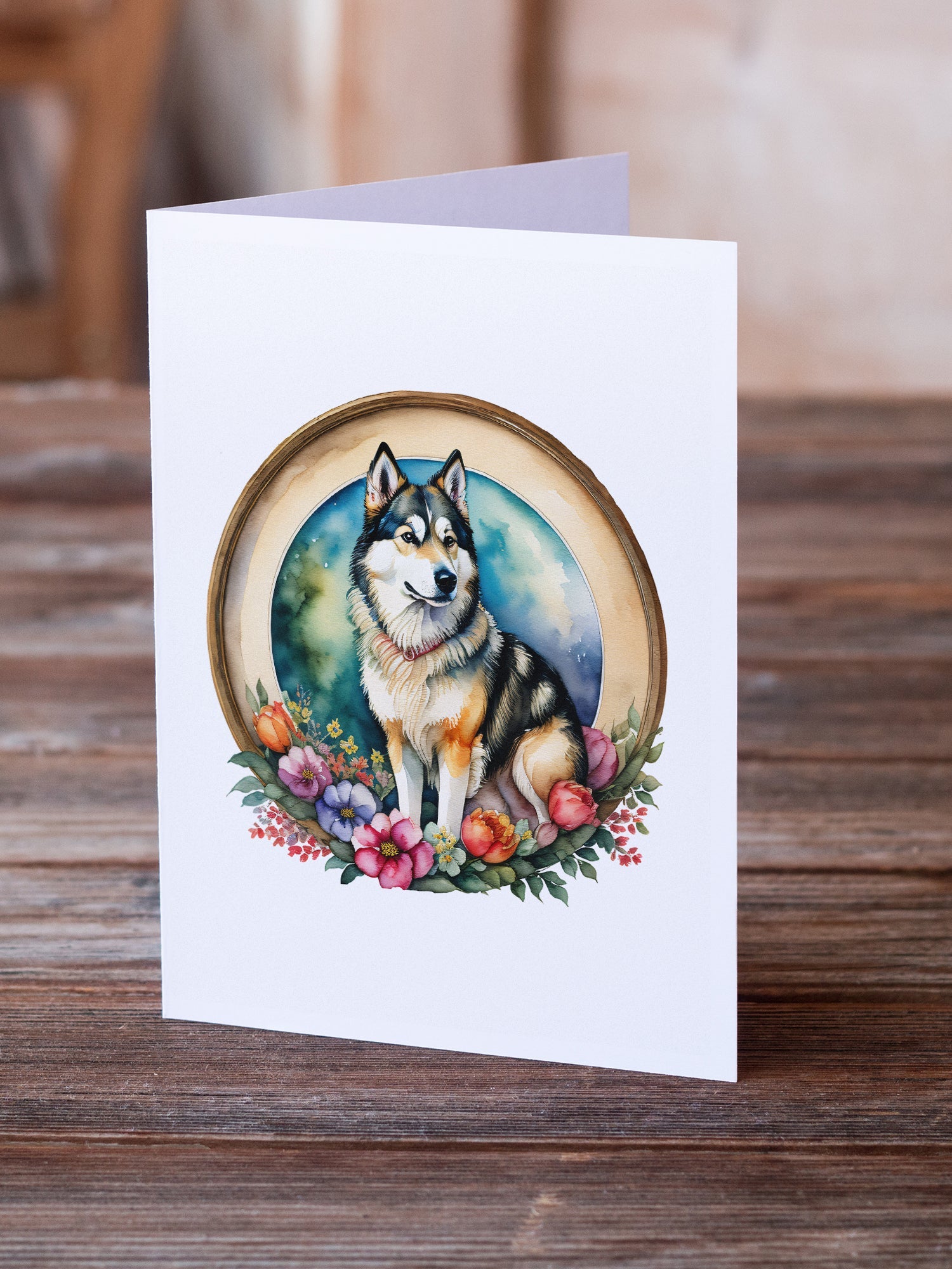 Alaskan Malamute and Flowers Greeting Cards Pack of 8 Blank Cards with Envelopes Whimsical A7 Size 5x7