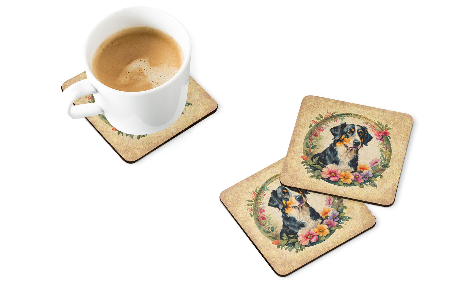 Appenzeller Sennenhund and Flowers Foam Coasters Set of 4 Cup Coasters for Indoor Outdoor, Tabletop Protection, Anti Slip, Mouse pad Material