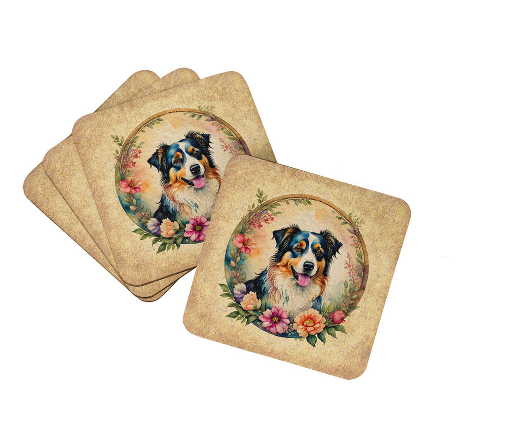 Australian Shepherd and Flowers Foam Coasters Set of 4 Cup Coasters for Indoor Outdoor, Tabletop Protection, Anti Slip, Mouse pad Material