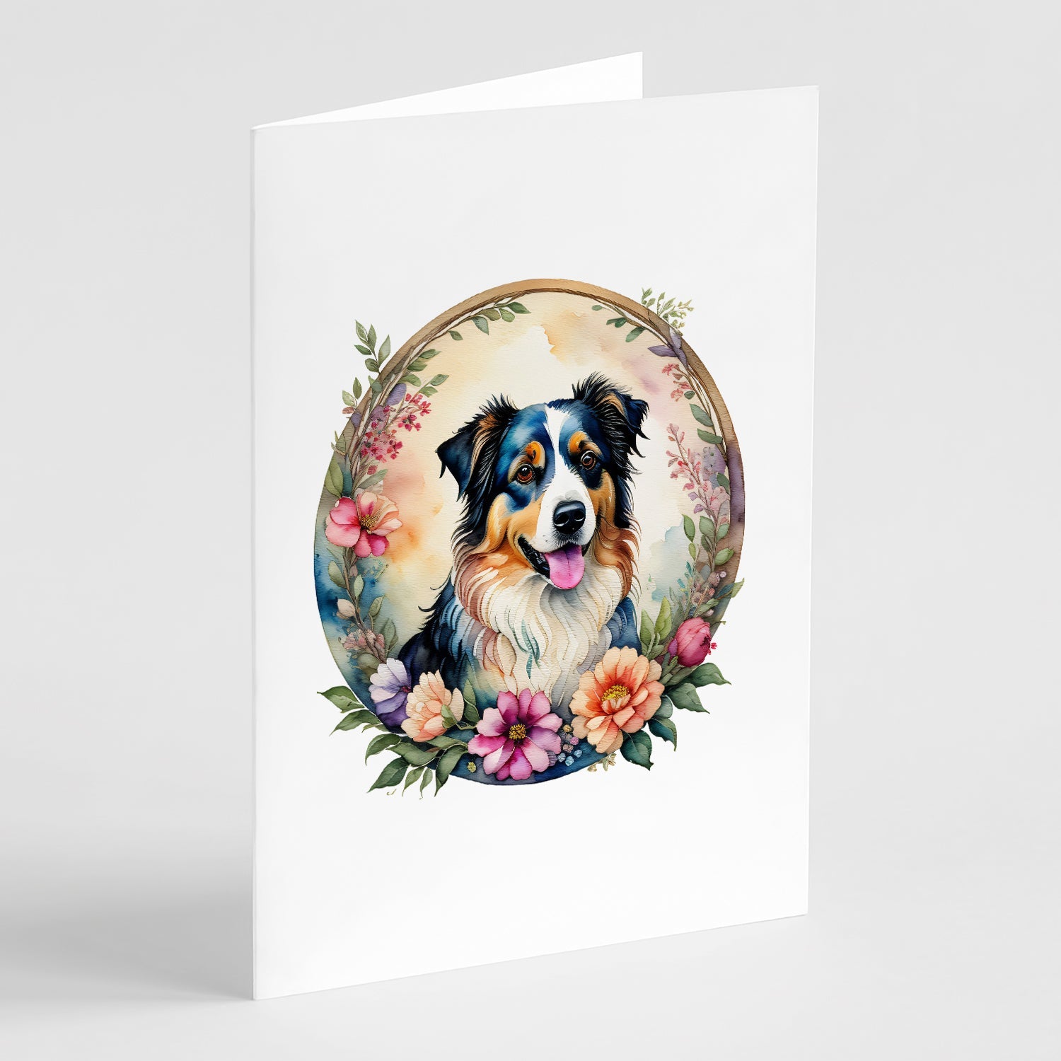 Australian Shepherd and Flowers Greeting Cards Pack of 8 Blank Cards with Envelopes Whimsical A7 Size 5x7