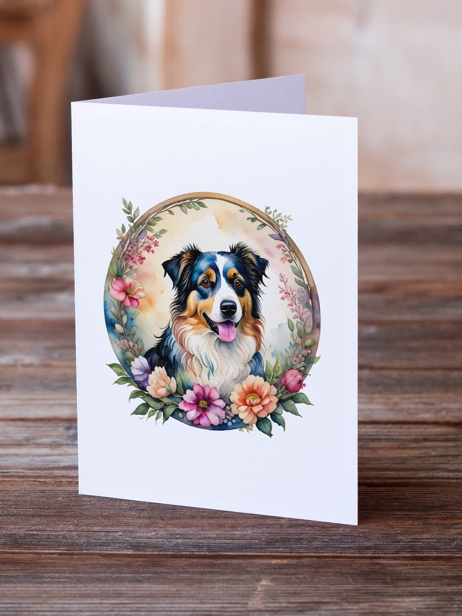 Australian Shepherd and Flowers Greeting Cards Pack of 8 Blank Cards with Envelopes Whimsical A7 Size 5x7