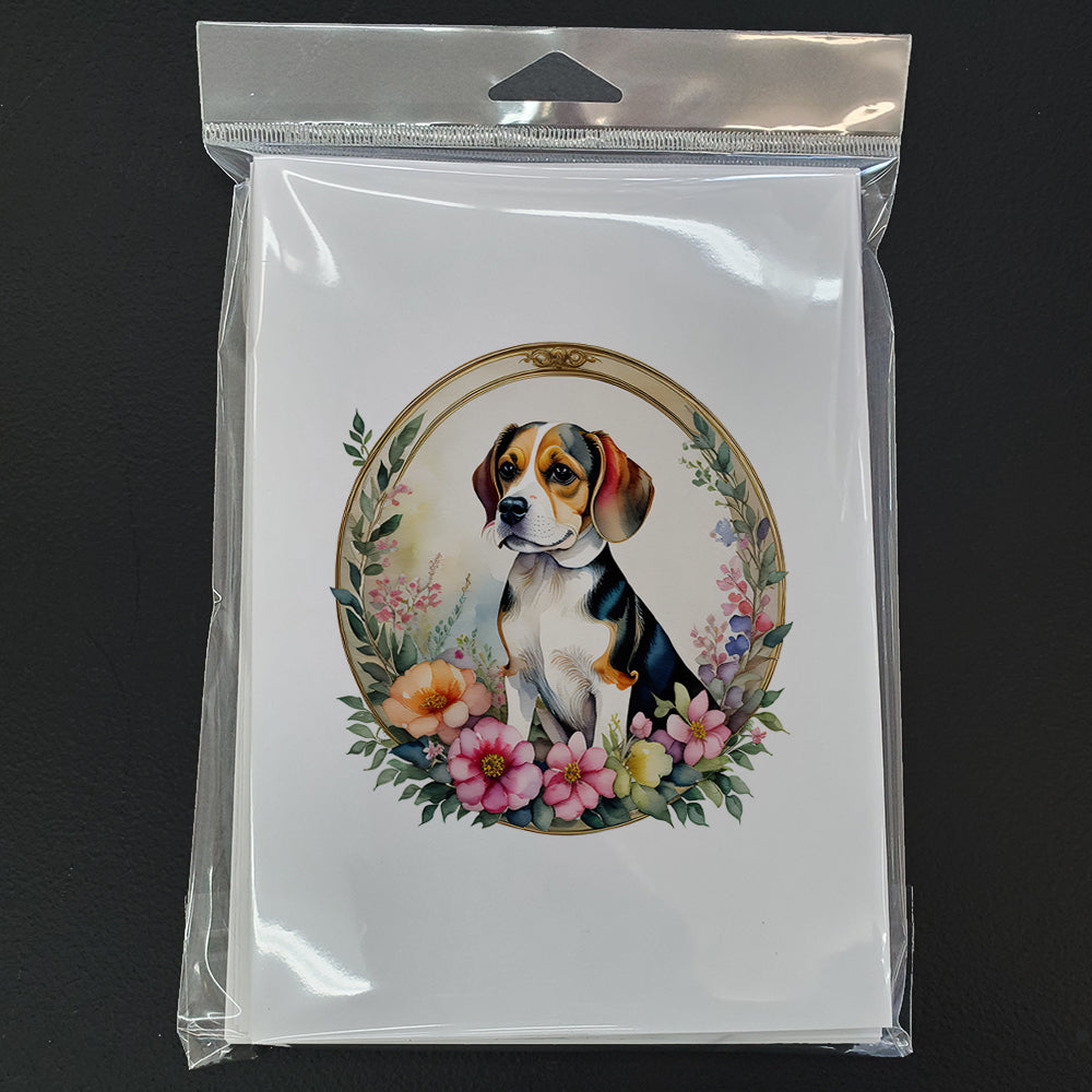 Beagle and Flowers Greeting Cards Pack of 8 Blank Cards with Envelopes Whimsical A7 Size 5x7