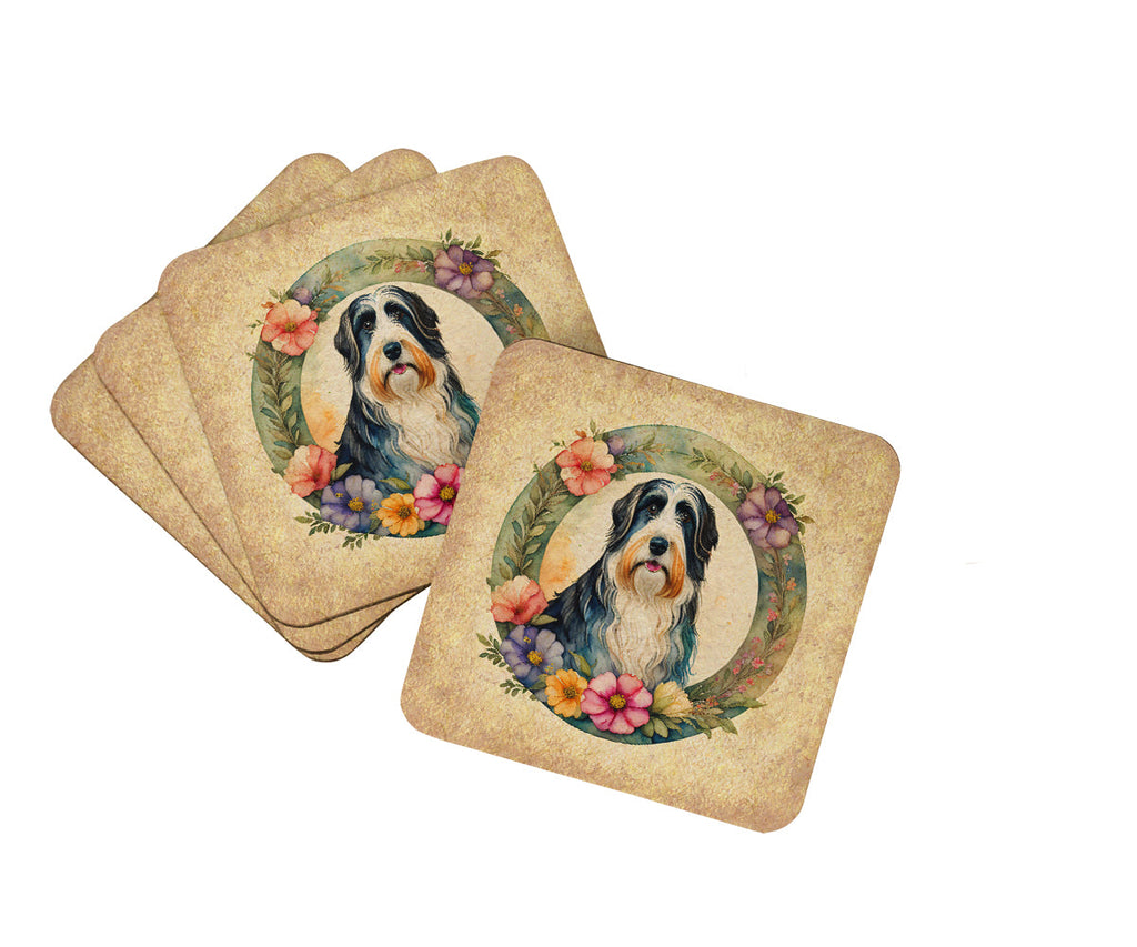 Bearded Collie and Flowers Foam Coasters Set of 4 Cup Coasters for Indoor Outdoor, Tabletop Protection, Anti Slip, Mouse pad Material