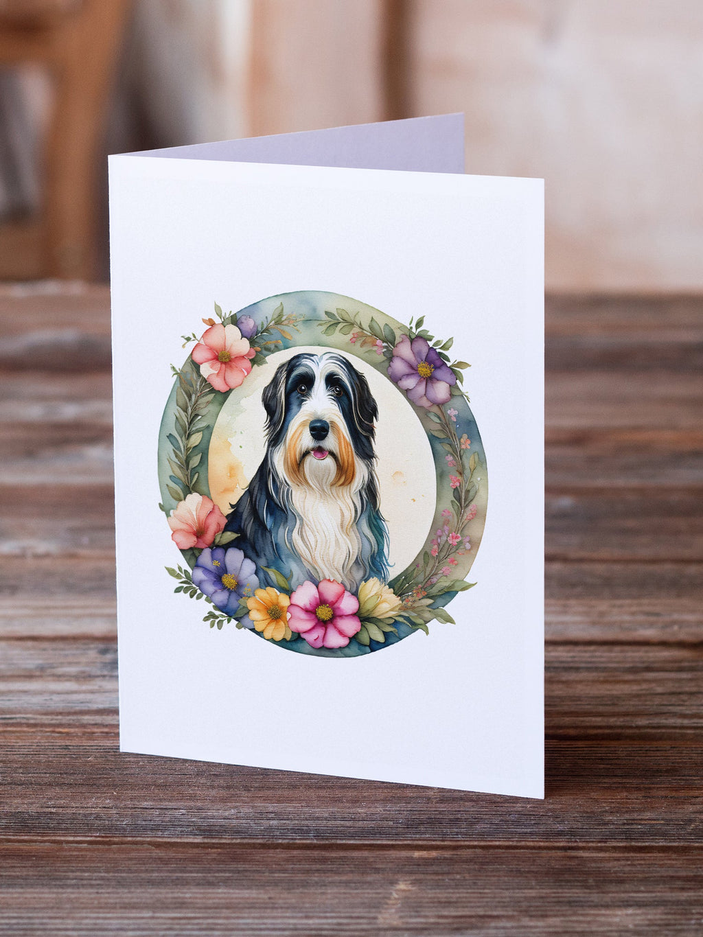 Bearded Collie and Flowers Greeting Cards Pack of 8 Blank Cards with Envelopes Whimsical A7 Size 5x7