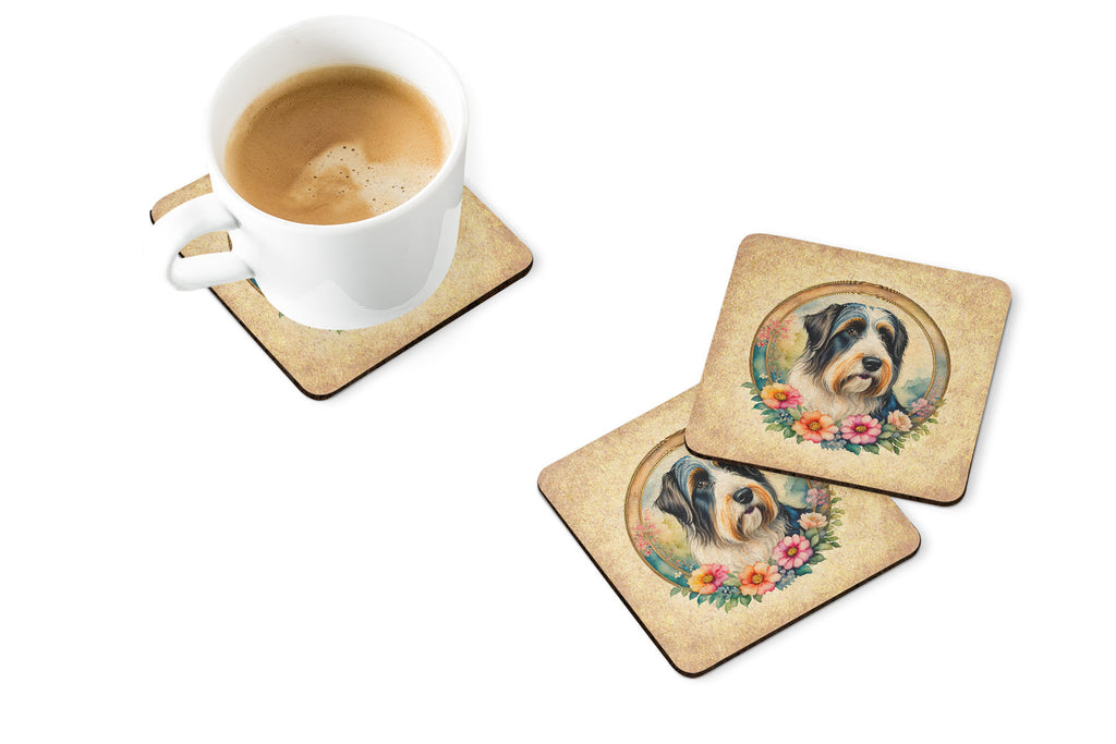 Bearded Collie and Flowers Foam Coasters Set of 4 Cup Coasters for Indoor Outdoor, Tabletop Protection, Anti Slip, Mouse pad Material