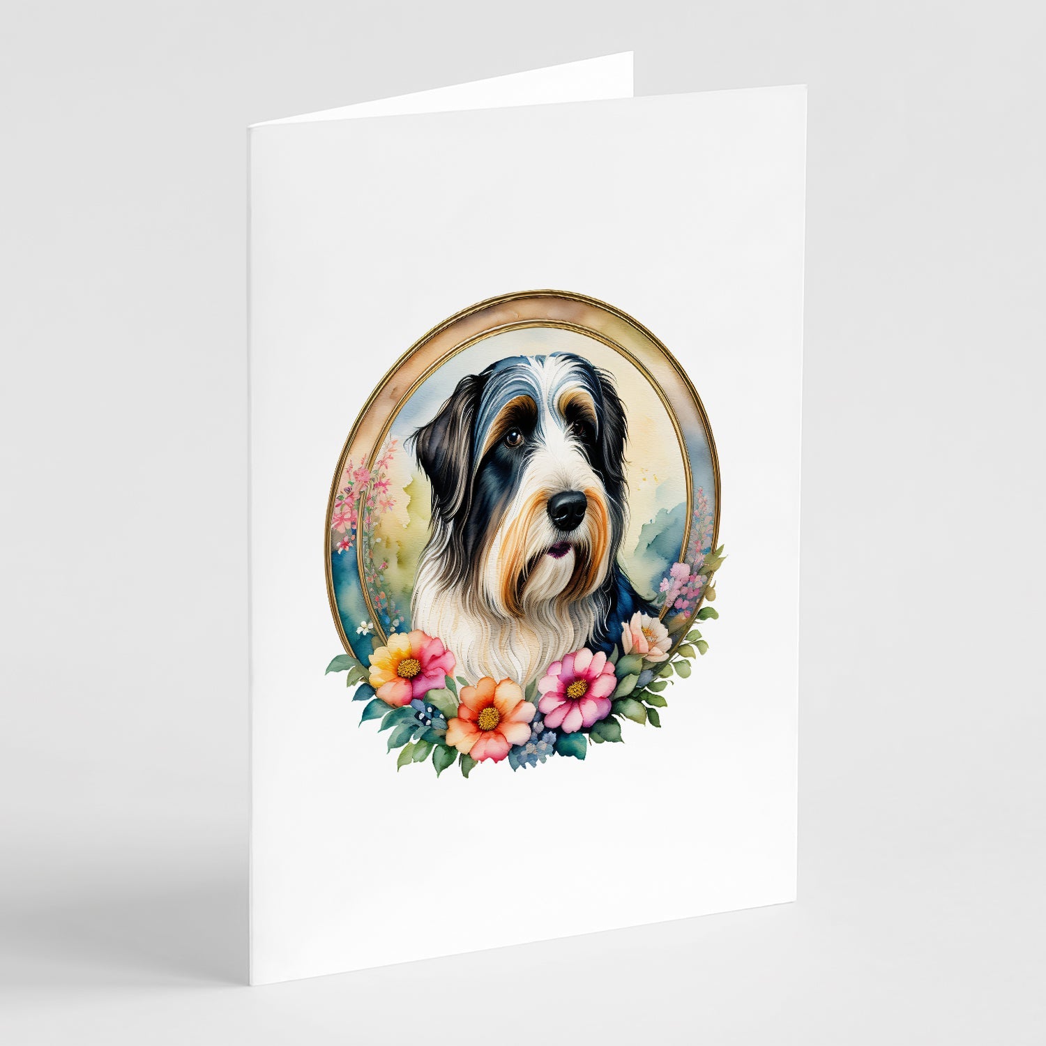 Bearded Collie and Flowers Greeting Cards Pack of 8 Blank Cards with Envelopes Whimsical A7 Size 5x7