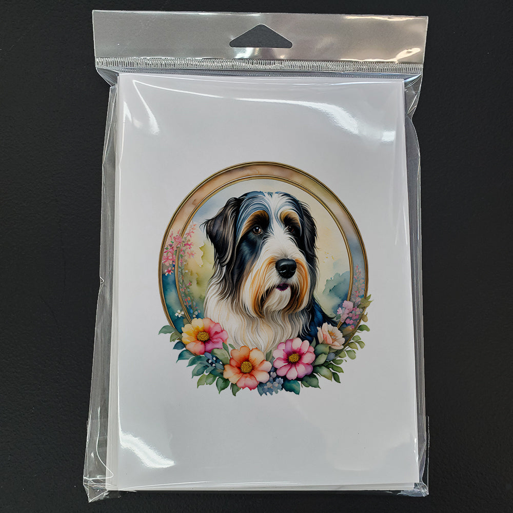 Bearded Collie and Flowers Greeting Cards Pack of 8 Blank Cards with Envelopes Whimsical A7 Size 5x7