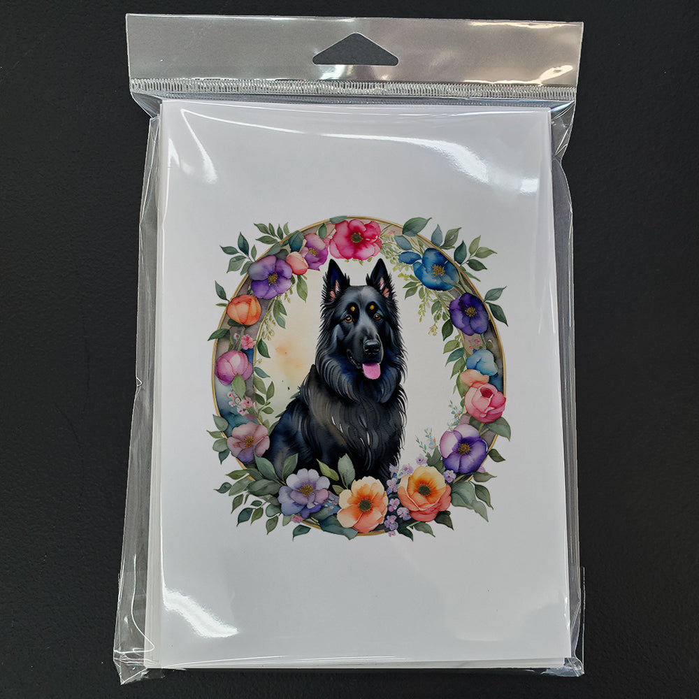 Belgian Sheepdog and Flowers Greeting Cards Pack of 8 Blank Cards with Envelopes Whimsical A7 Size 5x7