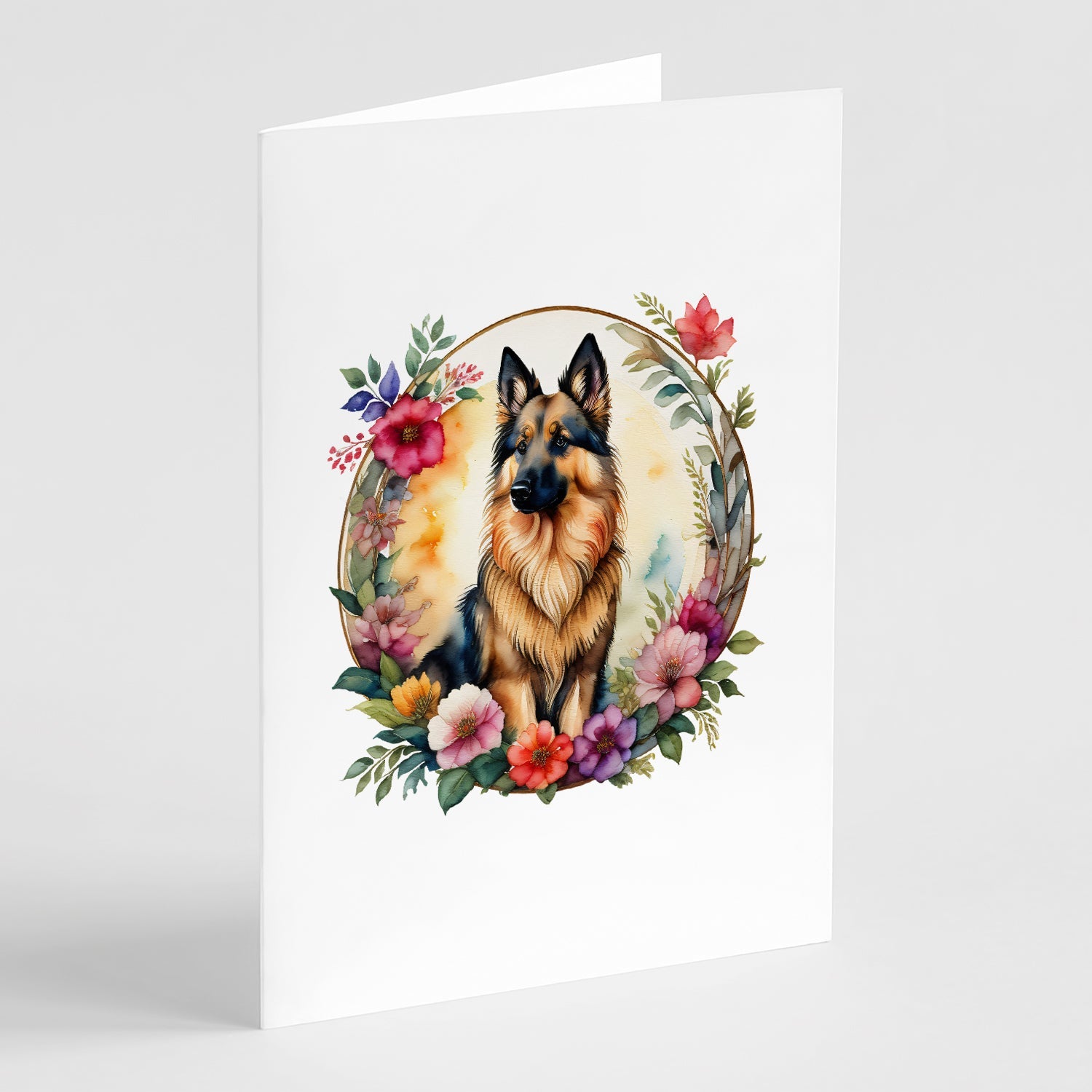 Belgian Tervuren and Flowers Greeting Cards Pack of 8 Blank Cards with Envelopes Whimsical A7 Size 5x7