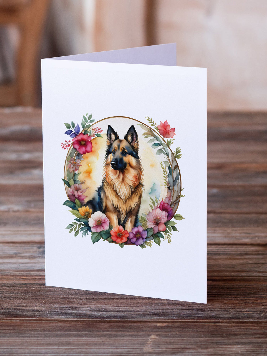 Belgian Tervuren and Flowers Greeting Cards Pack of 8 Blank Cards with Envelopes Whimsical A7 Size 5x7