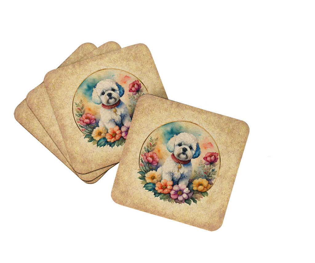 Bichon Frise and Flowers Foam Coasters Set of 4 Cup Coasters for Indoor Outdoor, Tabletop Protection, Anti Slip, Mouse pad Material