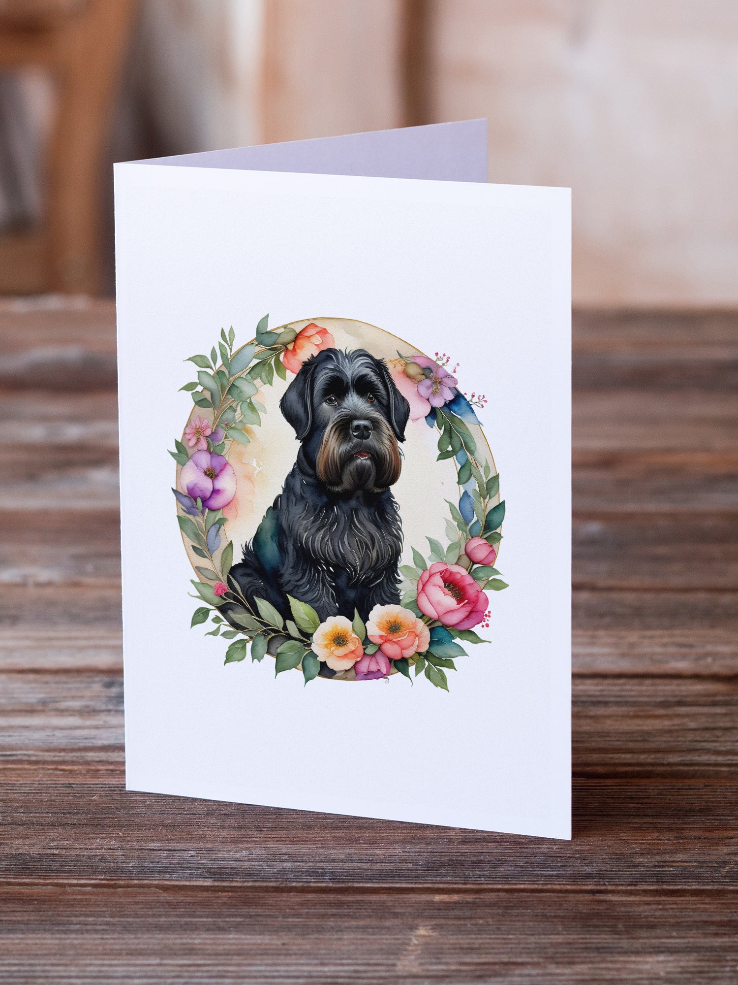 Black Russian Terrier and Flowers Greeting Cards Pack of 8 Blank Cards with Envelopes Whimsical A7 Size 5x7