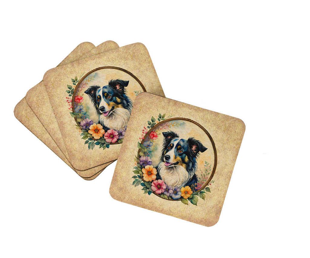 Border Collie and Flowers Foam Coasters Set of 4 Cup Coasters for Indoor Outdoor, Tabletop Protection, Anti Slip, Mouse pad Material