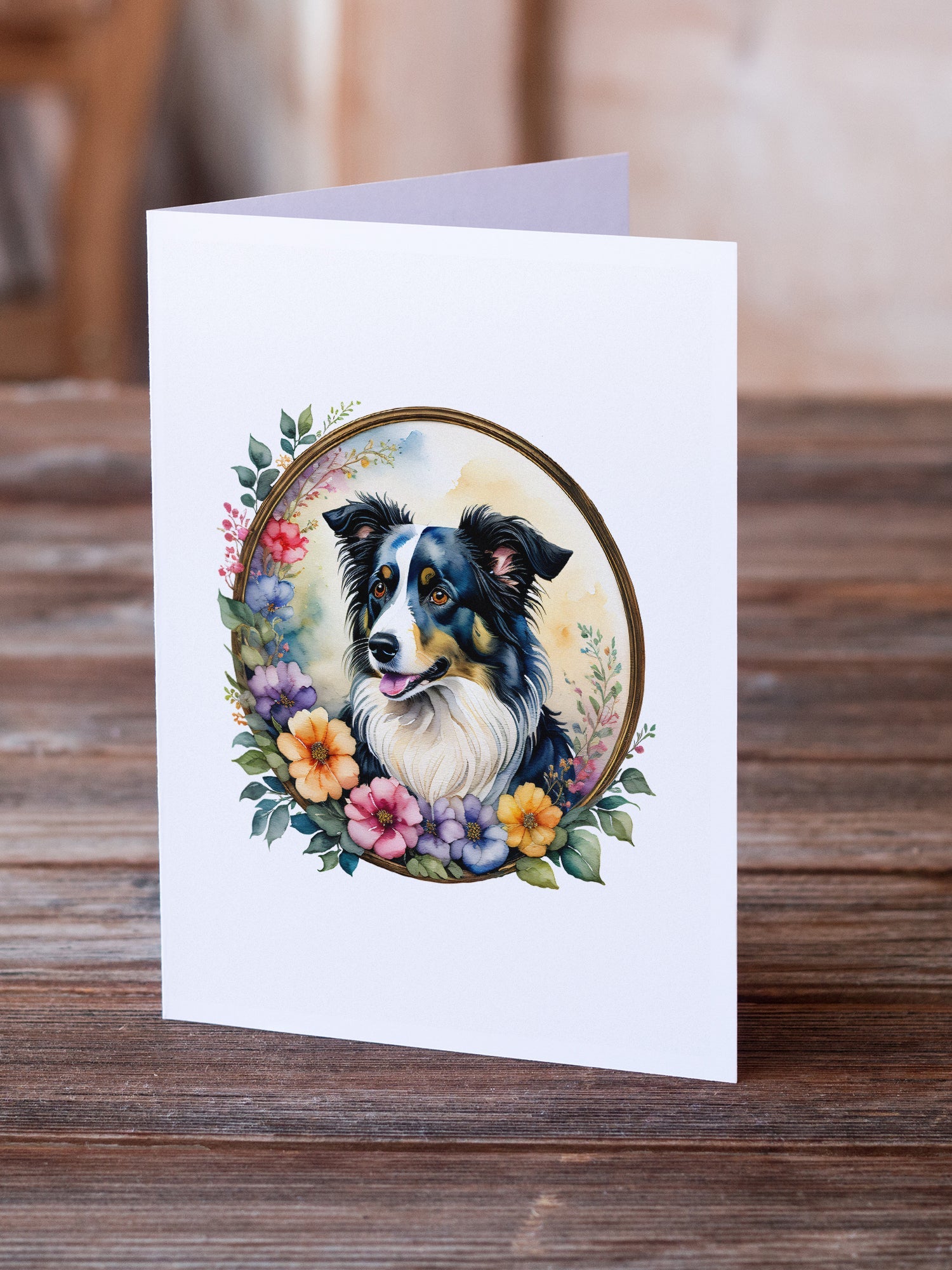Border Collie and Flowers Greeting Cards Pack of 8 Blank Cards with Envelopes Whimsical A7 Size 5x7