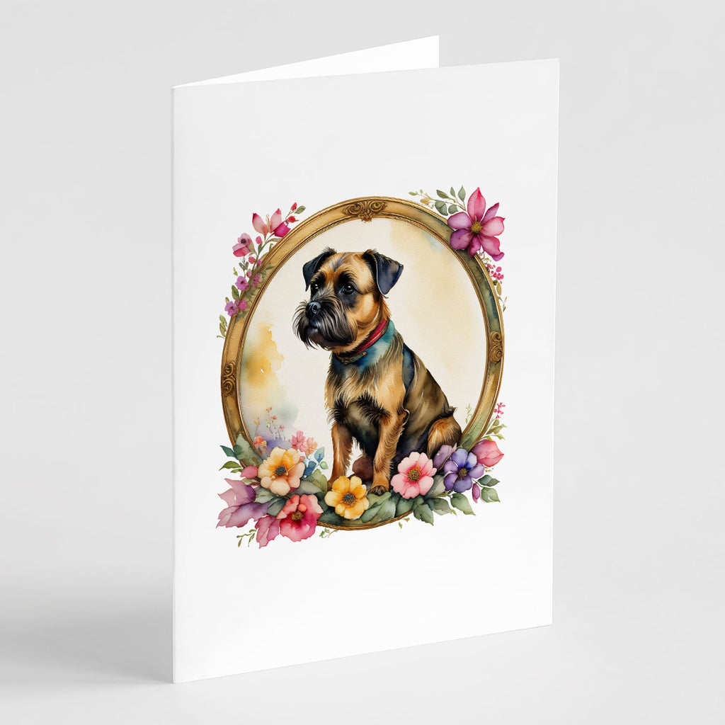 Border Terrier and Flowers Greeting Cards Pack of 8 Blank Cards with Envelopes Whimsical A7 Size 5x7