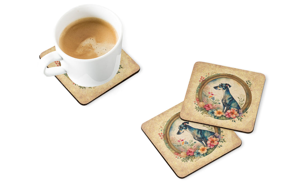 Greyhound and Flowers Foam Coasters Set of 4 Cup Coasters for Indoor Outdoor, Tabletop Protection, Anti Slip, Mouse pad Material