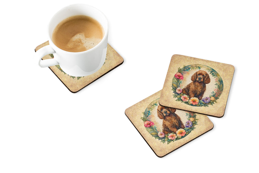 Irish Water Spaniel and Flowers Foam Coasters Set of 4 Cup Coasters for Indoor Outdoor, Tabletop Protection, Anti Slip, Mouse pad Material