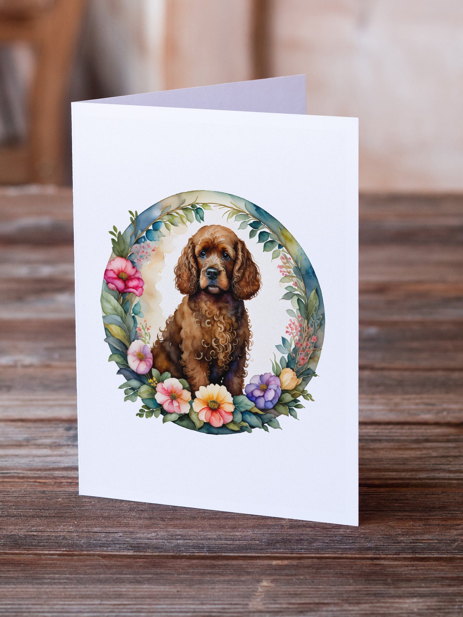 Irish Water Spaniel and Flowers Greeting Cards Pack of 8 Blank Cards with Envelopes Whimsical A7 Size 5x7
