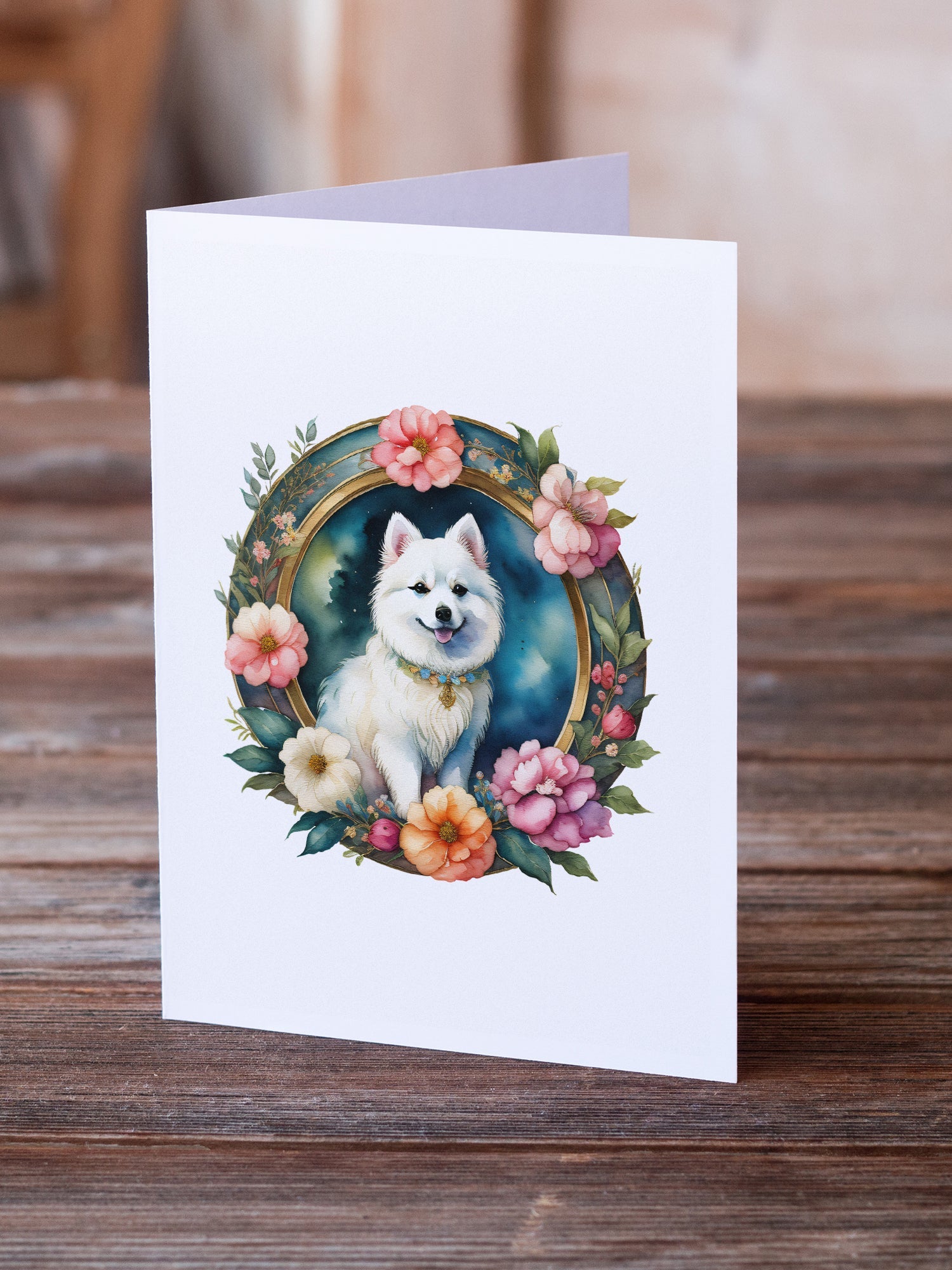 Japanese Spitz and Flowers Greeting Cards Pack of 8 Blank Cards with Envelopes Whimsical A7 Size 5x7
