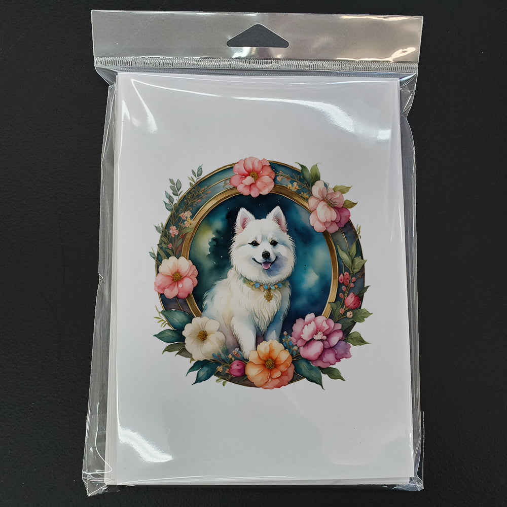 Japanese Spitz and Flowers Greeting Cards Pack of 8 Blank Cards with Envelopes Whimsical A7 Size 5x7