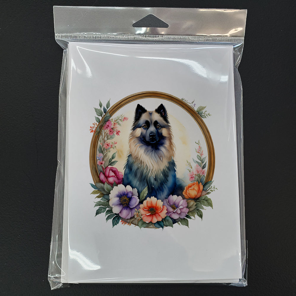 Keeshond and Flowers Greeting Cards Pack of 8 Blank Cards with Envelopes Whimsical A7 Size 5x7