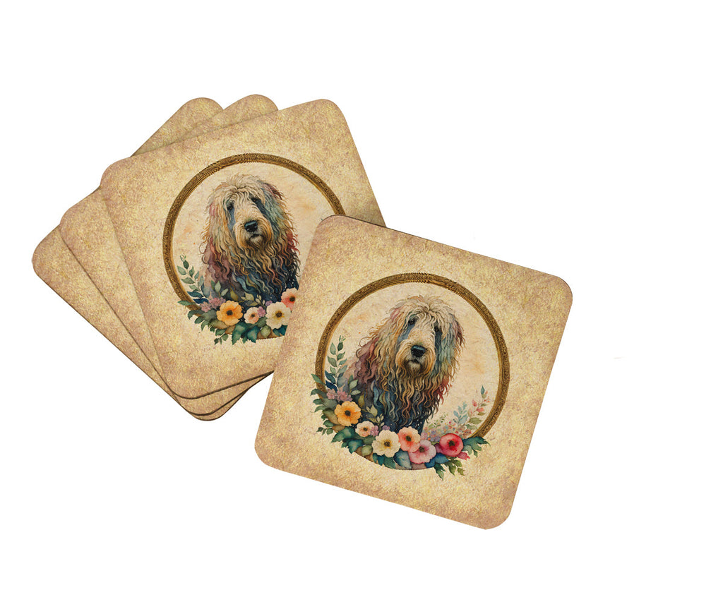 Komondor and Flowers Foam Coasters Set of 4 Cup Coasters for Indoor Outdoor, Tabletop Protection, Anti Slip, Mouse pad Material