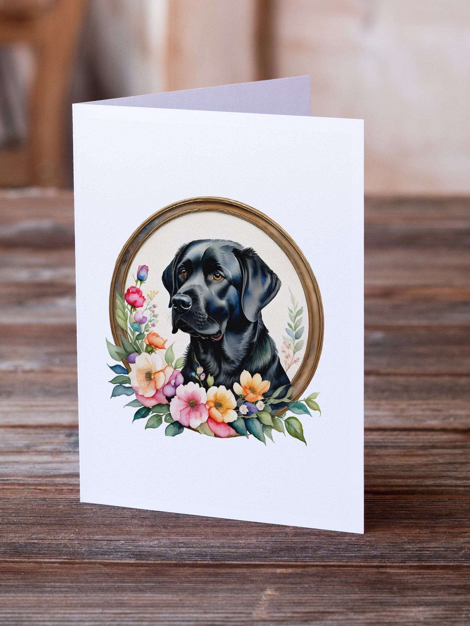 Black Labrador Retriever and Flowers Greeting Cards Pack of 8 Blank Cards with Envelopes Whimsical A7 Size 5x7