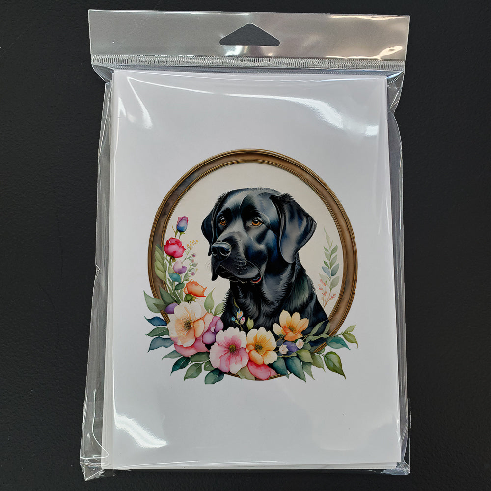 Black Labrador Retriever and Flowers Greeting Cards Pack of 8 Blank Cards with Envelopes Whimsical A7 Size 5x7