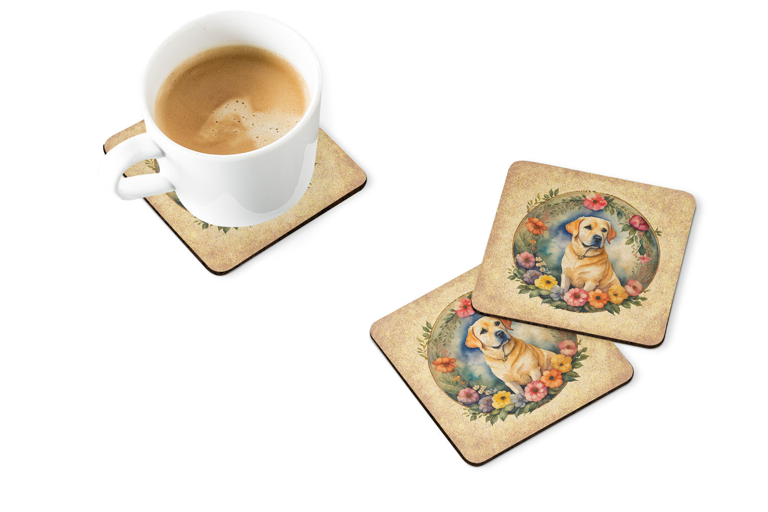 Yellow Labrador Retriever and Flowers Foam Coasters Set of 4 Cup Coasters for Indoor Outdoor, Tabletop Protection, Anti Slip, Mouse pad Material