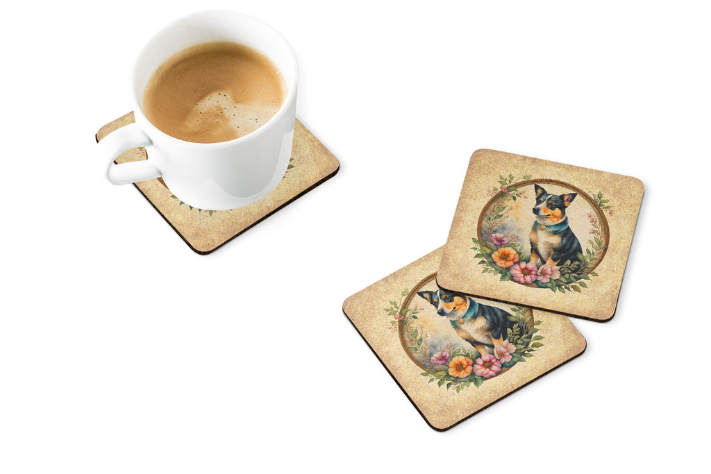 Lancashire Heeler and Flowers Foam Coasters Set of 4 Cup Coasters for Indoor Outdoor, Tabletop Protection, Anti Slip, Mouse pad Material